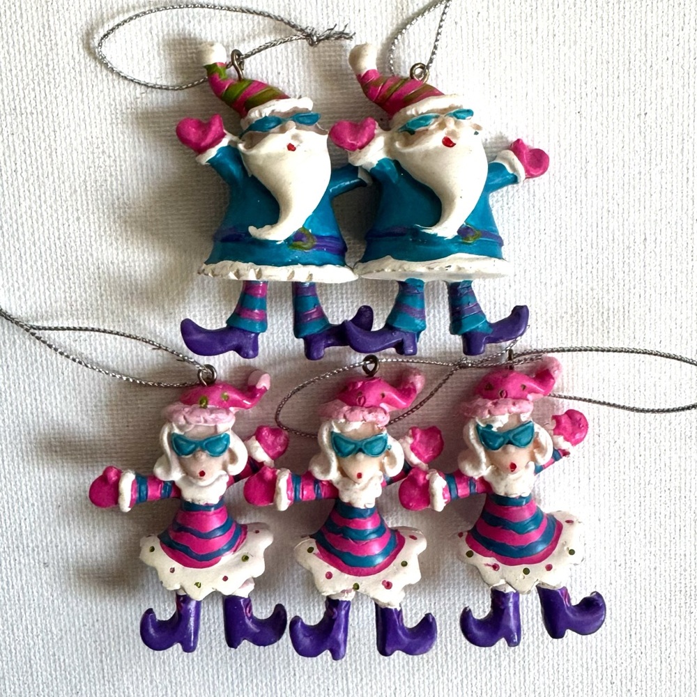 Whimsical Santa And Mrs Claus Resin Christmas Ornaments Pink Teal Purple Y2K